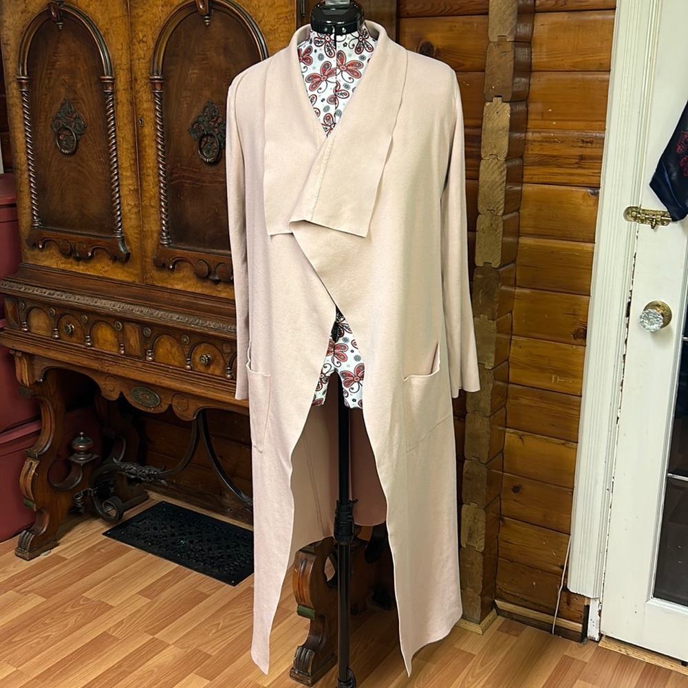 Papillon Blanc Beige Longline Open Front Waterfall Duster Cardigan L
